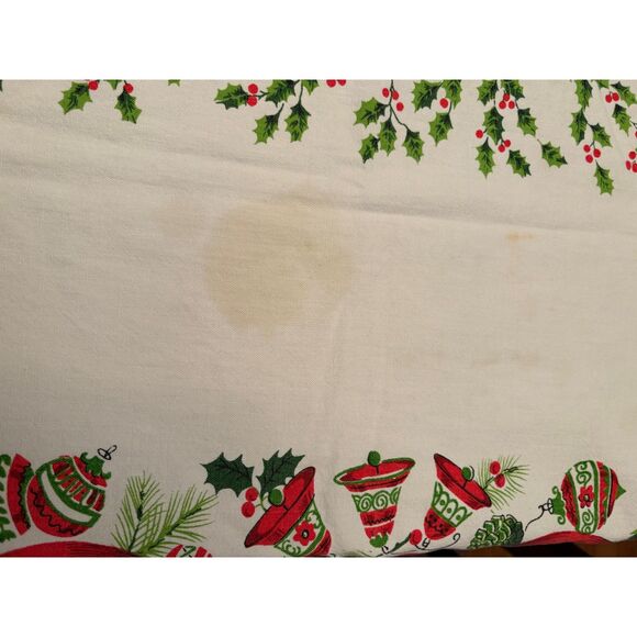 Vintage Christmas Printed Tablecloth Poinsettias Wreaths AS IS - Picture 6 of 7